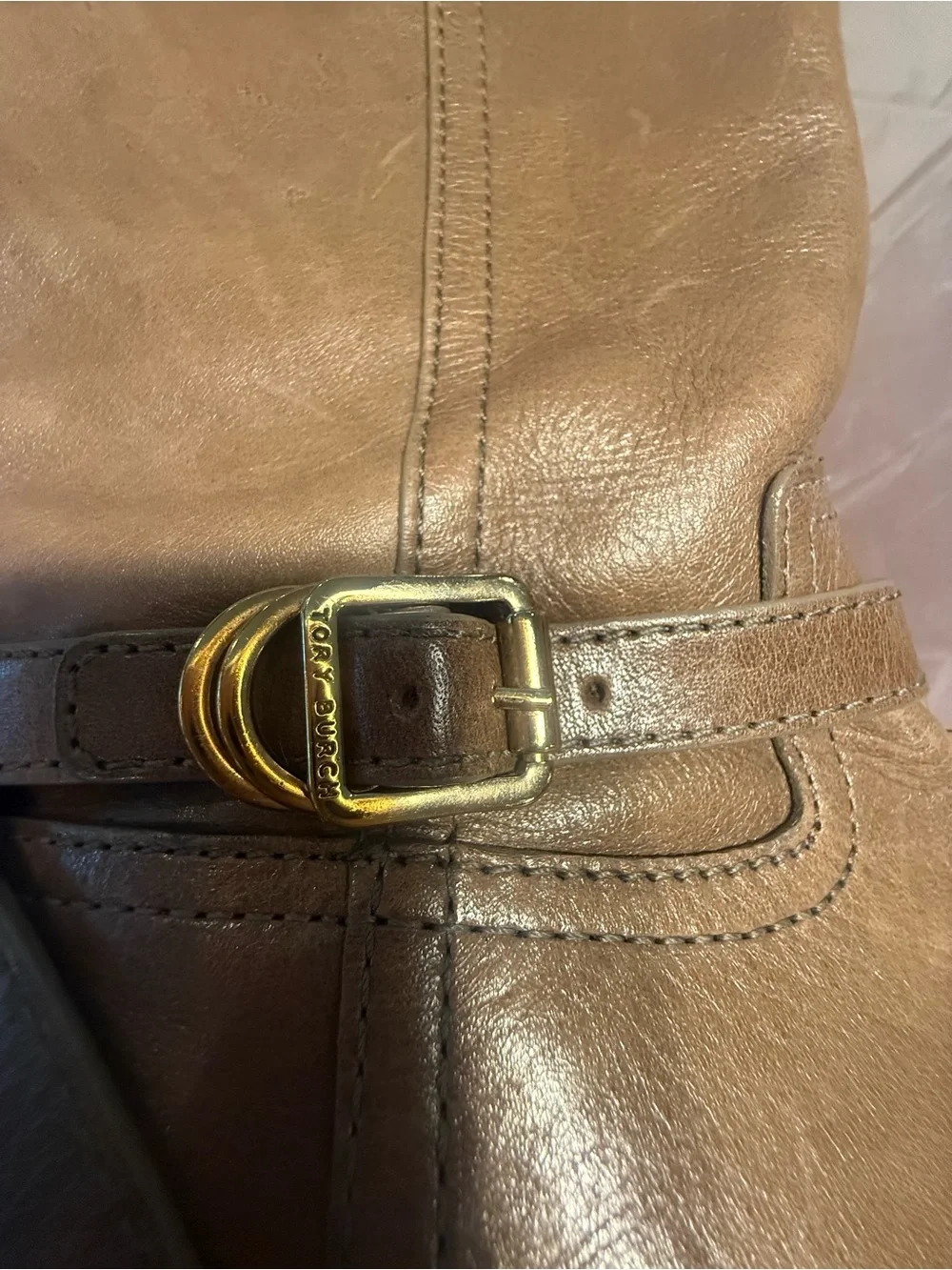 Tory Burch Calista Taupe Gold Leather Logo Belt Knee Riding Boots Size 6 $495